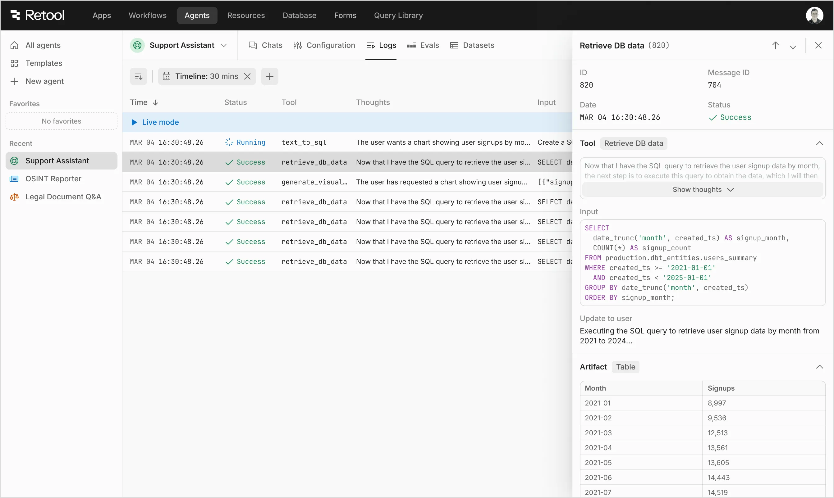Agent logs interface